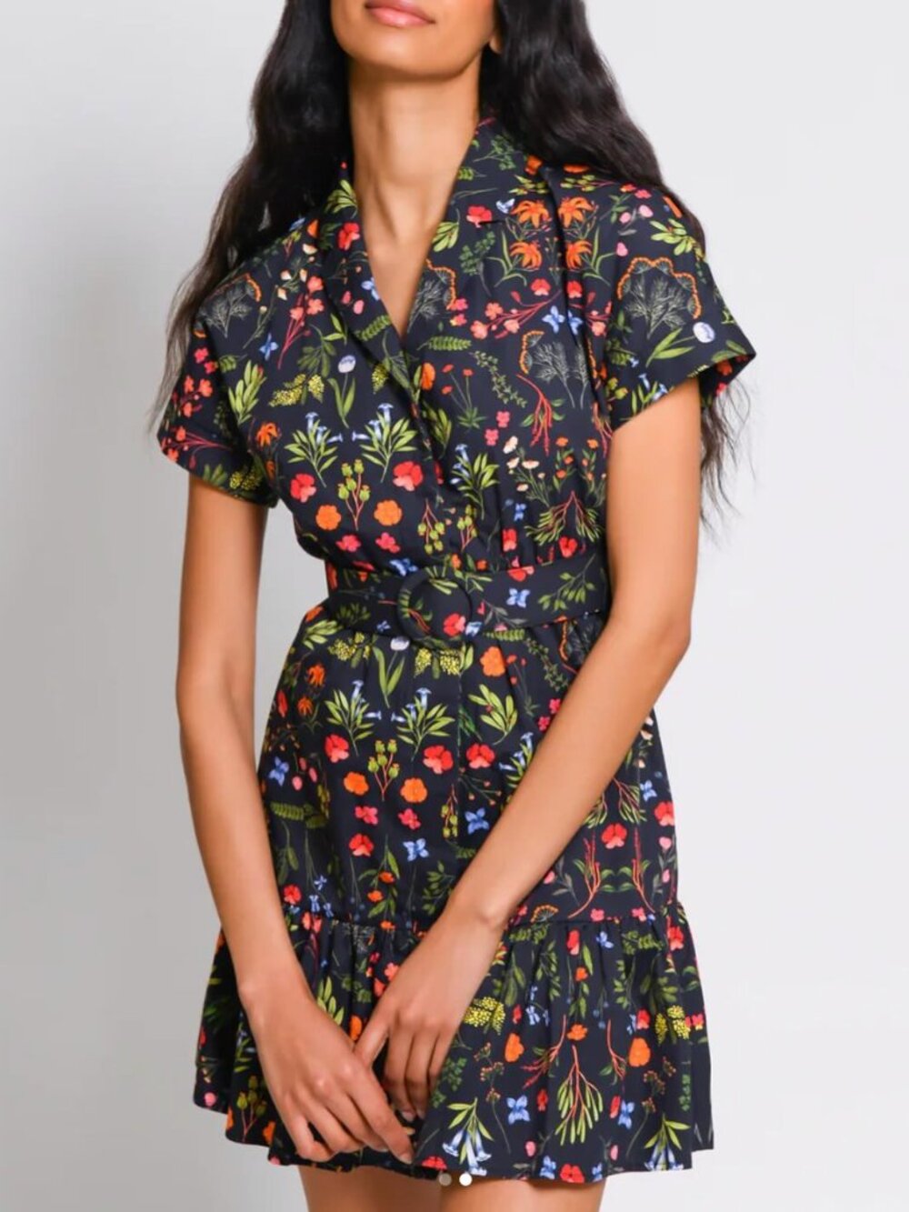 Hutch Black Floral Belted Mini Dress with Multicolor Blooms